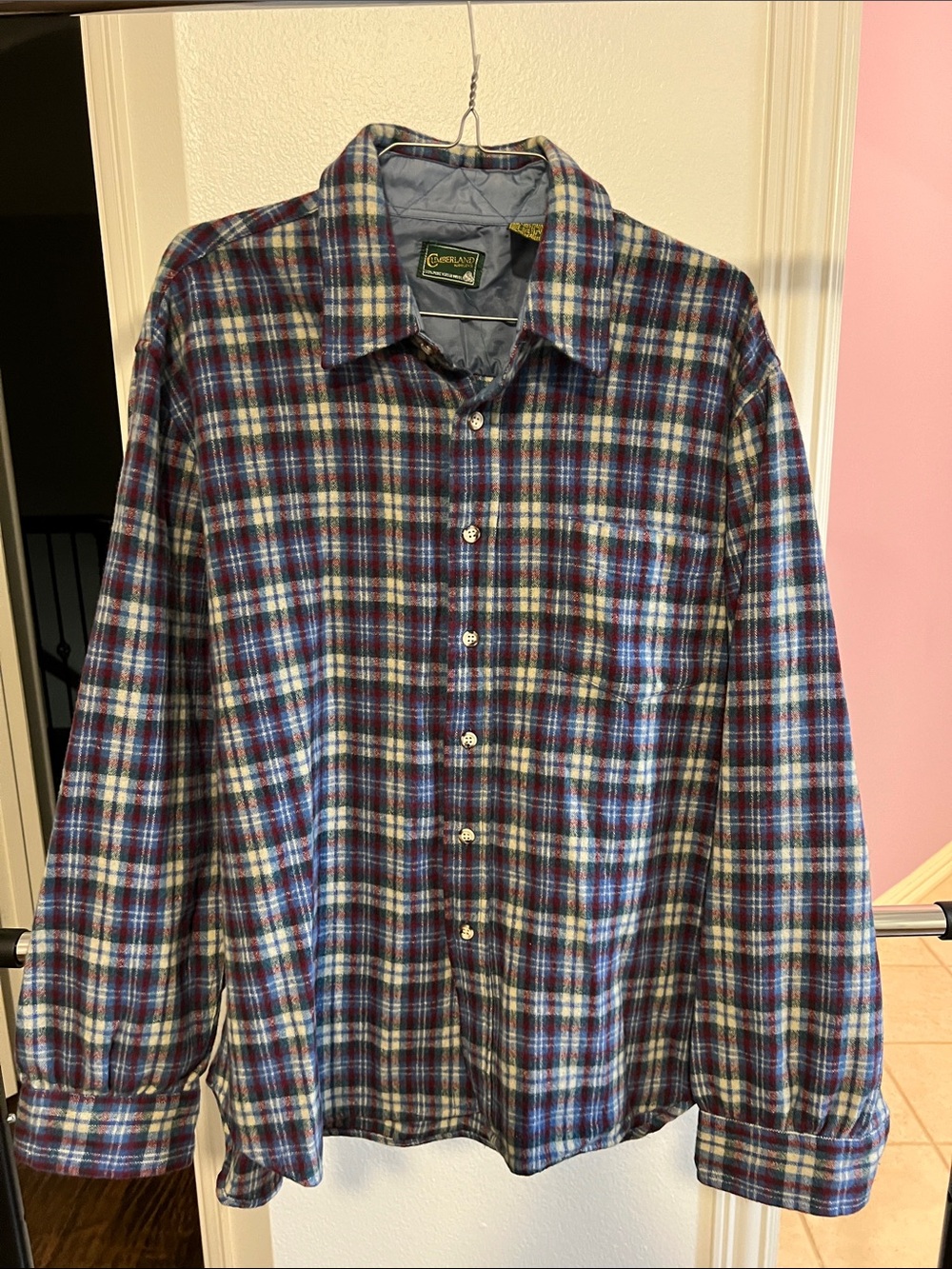 Cumberland Woolens Men’s Long-Sleeve Plaid Button-Down Shirt in Blue & Burgundy